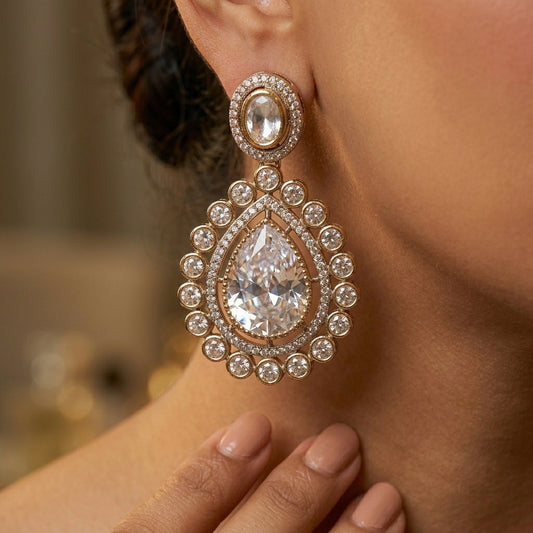 Gold Plated American Diamond Teardrop Earrings for Women | Lady Zone