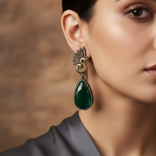 Peacock Motif Green Stone German Silver Drop Earrings