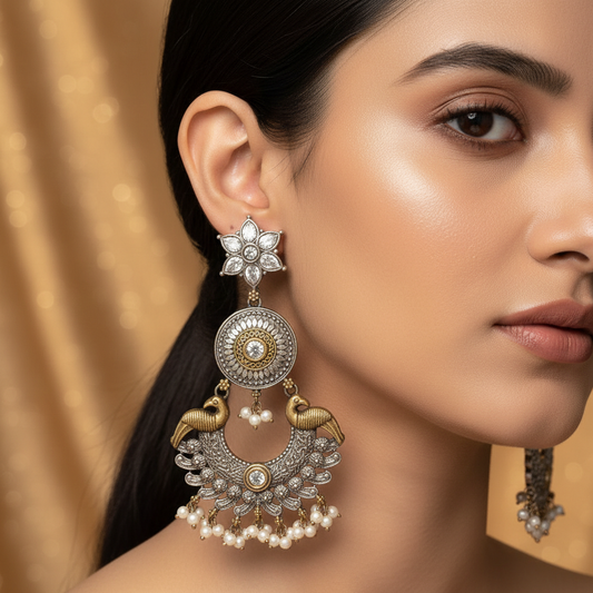 Dual Tone Peacock Pearl Chandbali Earrings