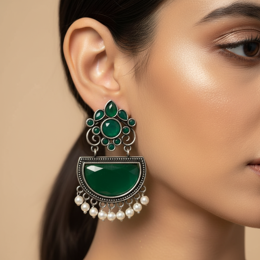 Emerald Green German Silver Pearl Drop Earrings