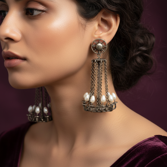 Antique Oxidized Pearl Chandelier Earring