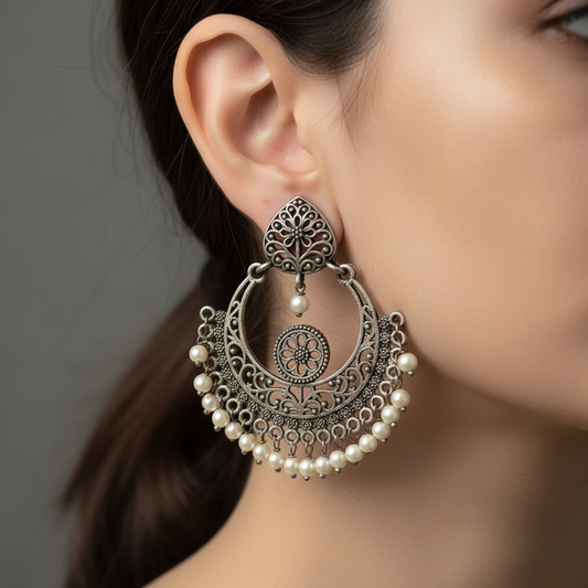 German Silver Pearl Chandbali Earrings