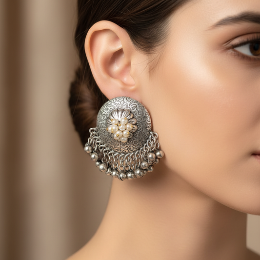 Antique German Silver Dome Stud Earrings with Ghungroo Drops