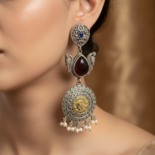 Antique German Silver Red Stone Pearl Drop Earrings