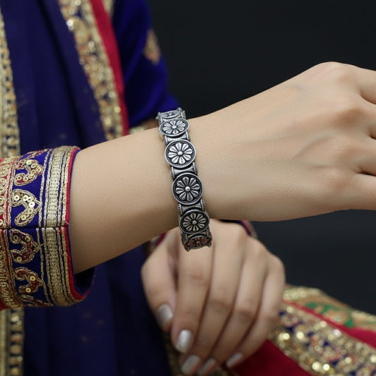 2PC German Silver Round Floral Kada Bangles for Women