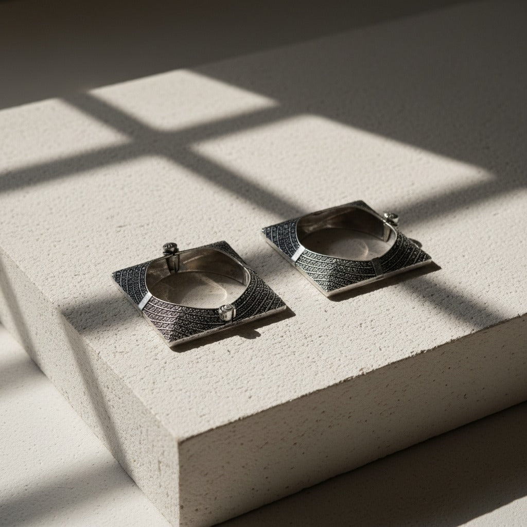 2PC Openable German Silver Square Kada Bangles