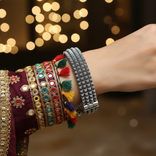 2PC German Silver Studded Tribal Kada Bangles for Women