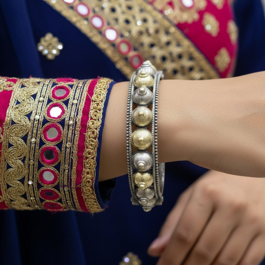 2PC German Silver Gold-Tone Studded Kada Bangles