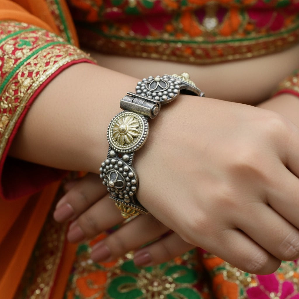 2PC German Silver Floral Disc Kada Bangles