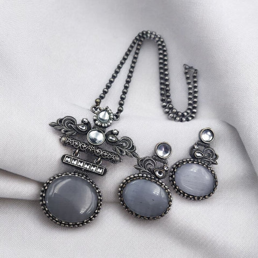 German Silver Stone Pendant Set with Earrings | Lady Zone