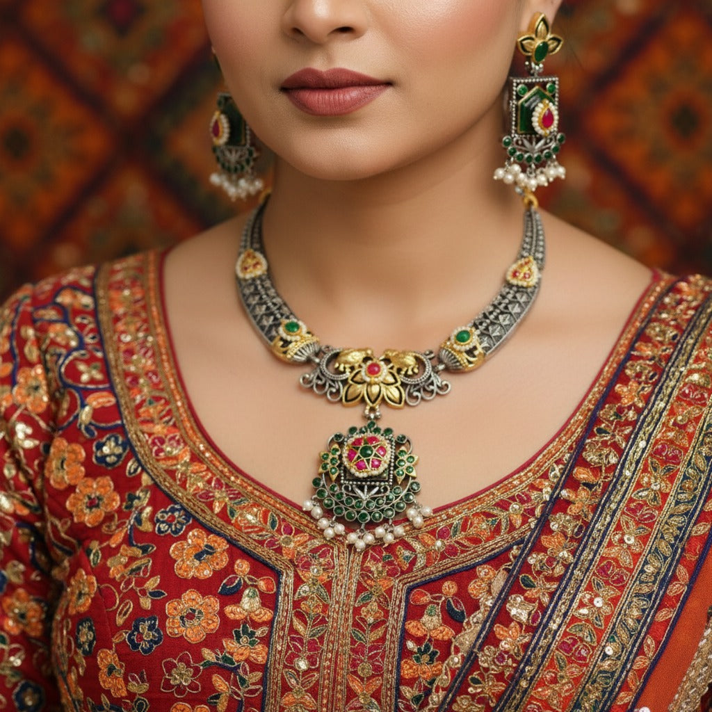 Oxidised German Silver Temple Choker Necklace Set with Earrings