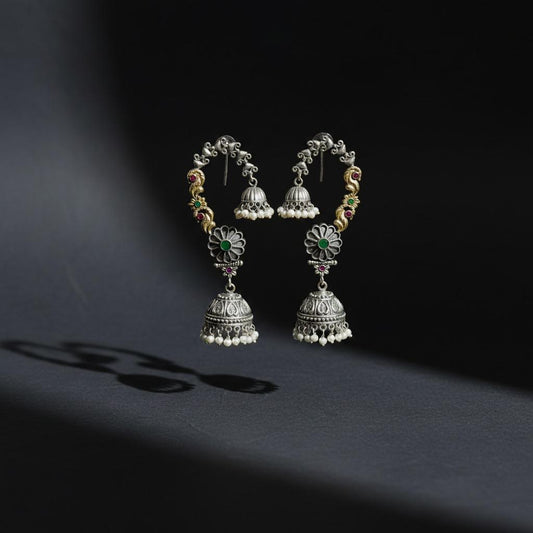 Oxidised German Silver Floral Hoop Jhumka Earrings with Pearl Drops
