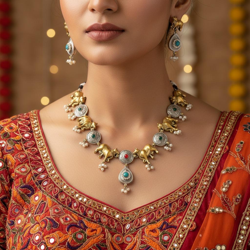 Oxidised German Silver Cow Motif Necklace Set with Multicolor Stones