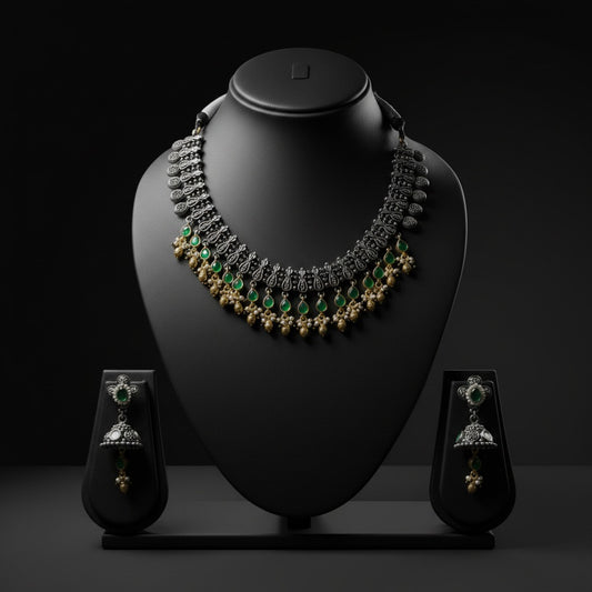 German Silver Green Stone Necklace Set for Women | Lady Zone