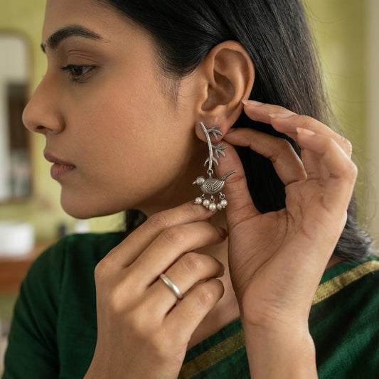 German Silver Bird & Leaf Pearl Drop Statement Earrings for Women | Lady Zone