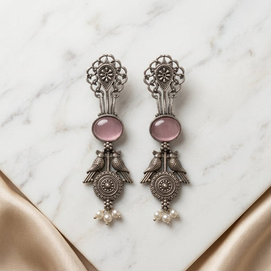 German Silver Twin Bird Pearl Drop Long Earrings for Women | Lady Zone