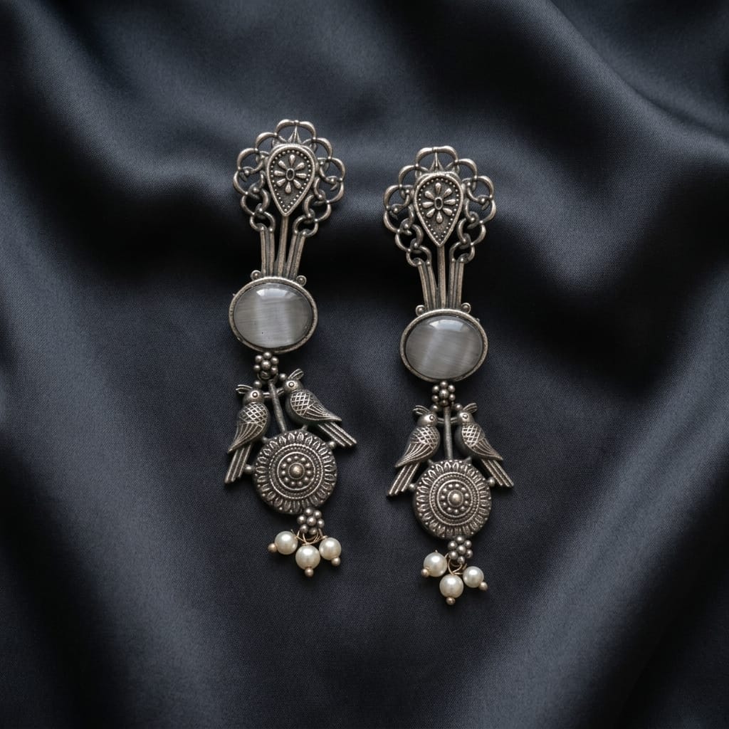 German Silver Twin Bird Pearl Drop Long Earrings for Women | Lady Zone