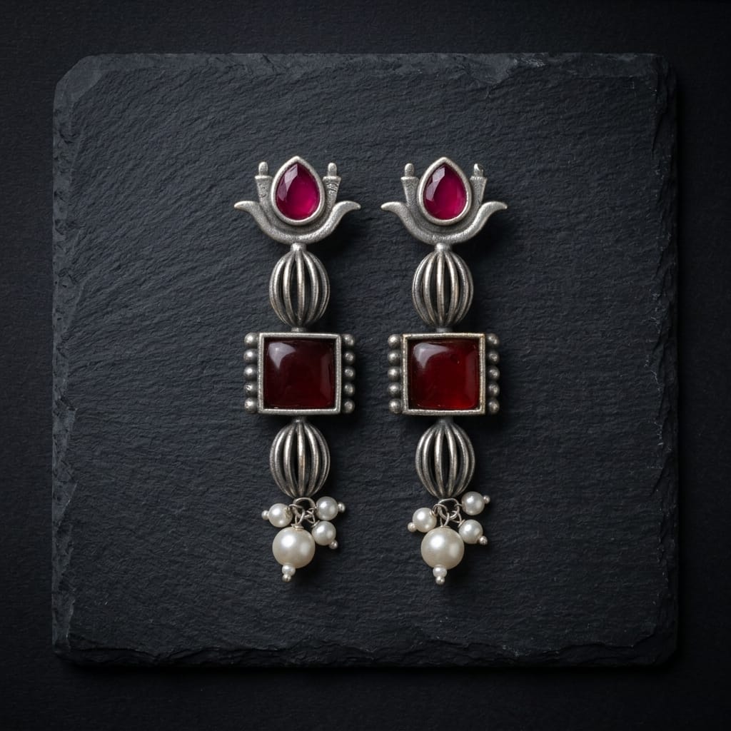 German Silver Stone Pearl Drop Long Earrings for Women | Lady Zone