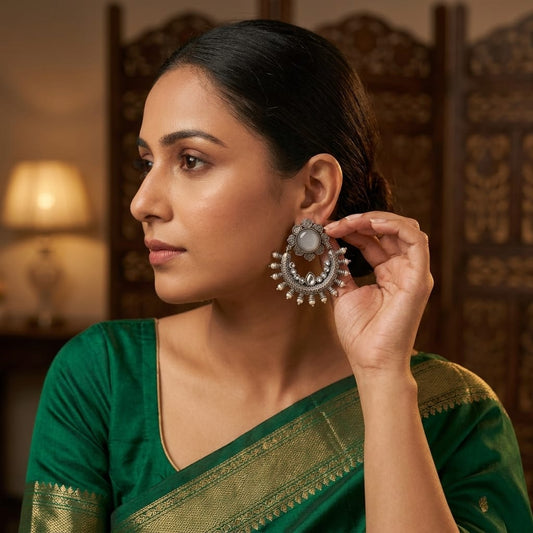 Oxidised Crescent Chandbali Earrings with Stone Detailing | Lady Zone