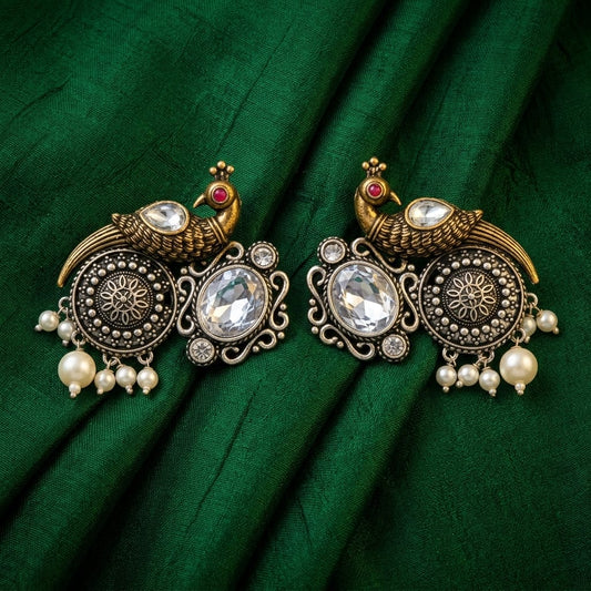 German Silver Oxidized Peacock Pearl Statement Earrings for Women | Lady Zone