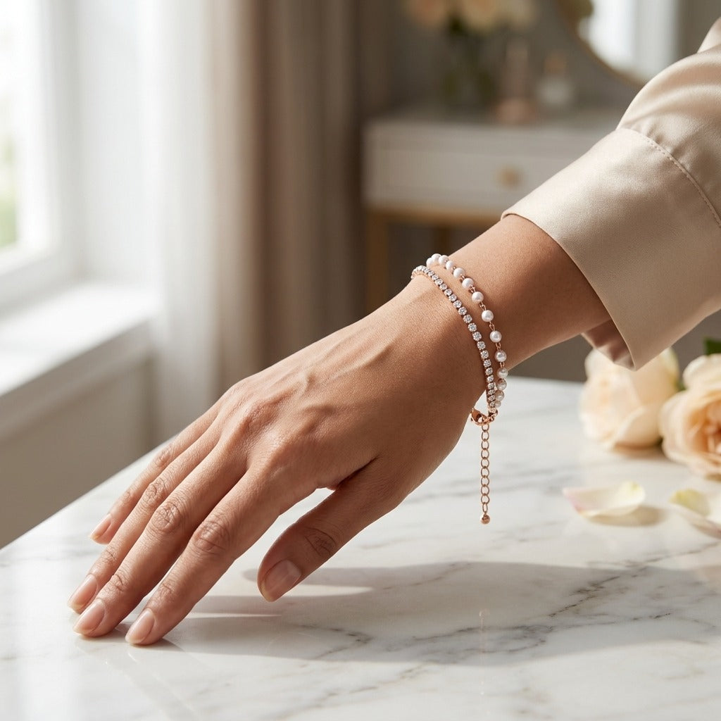 Elegant Pearl & Crystal Double Layer Bracelet for Women | Lady Zone