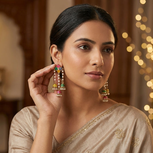 Traditional Kundan Pearl Triple Jhumki Earrings for Women