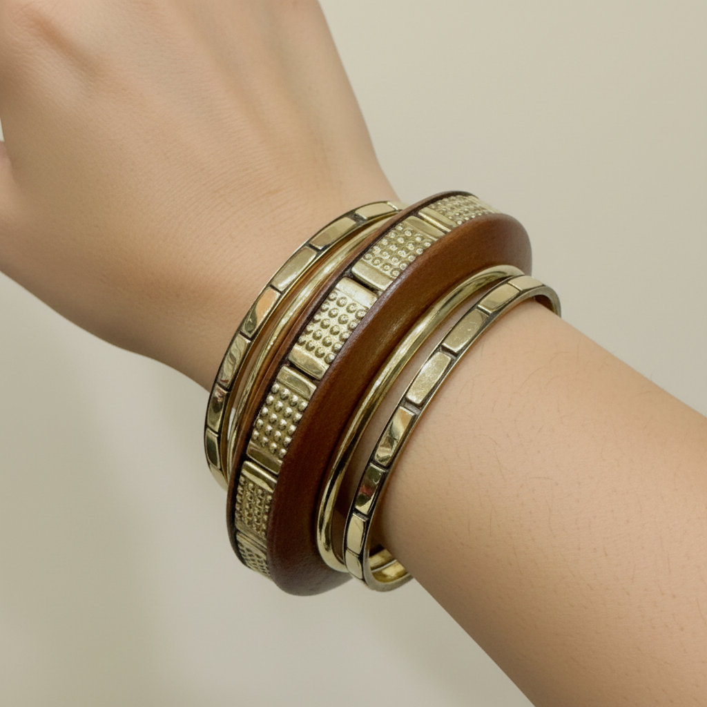 Artisan Mosaic Wood & Brass Bangle Set for Women | Lady Zone