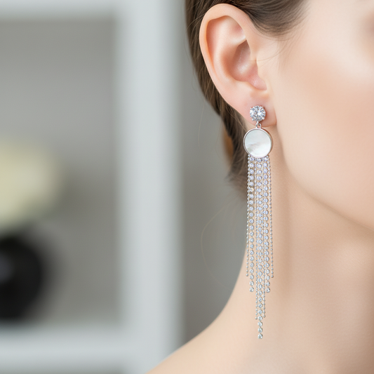 Long Crystal Chain Drop Earrings with MOP