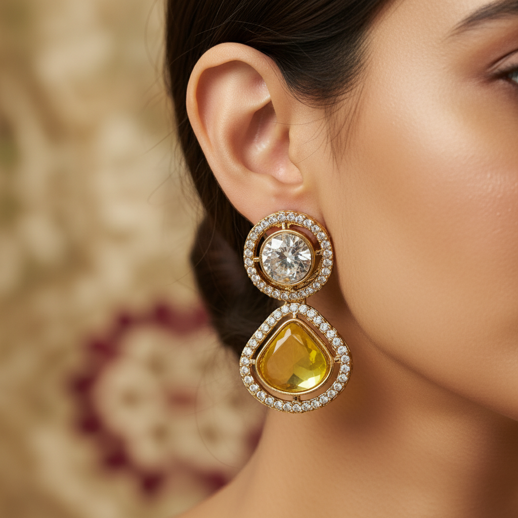 Royal Kundan Yellow Stone Drop Earrings with Gold Finish