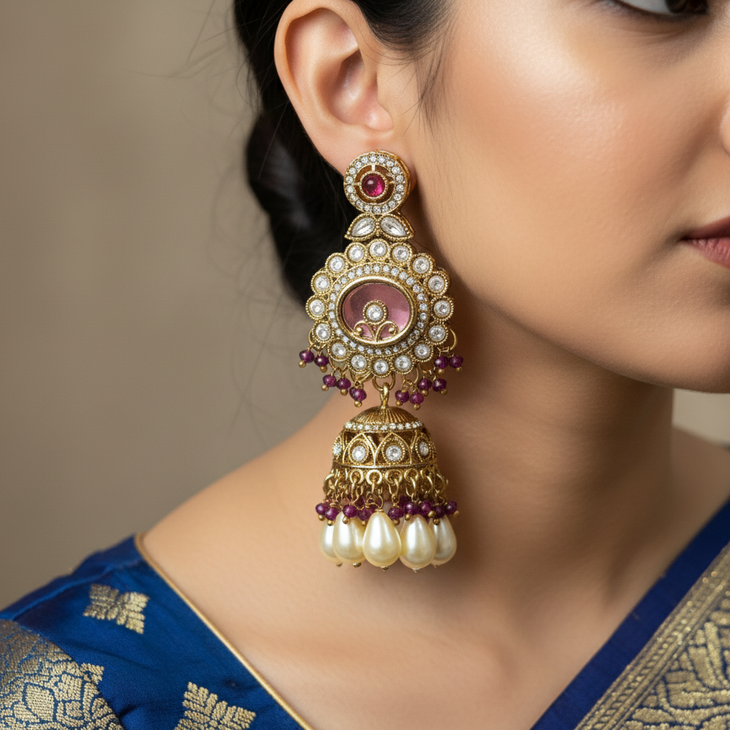 Kundan Pearl Jhumka Earrings with Antique Gold Finish