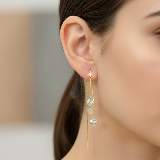 Crystal Gold Chain With Monalisa Drop Earrings