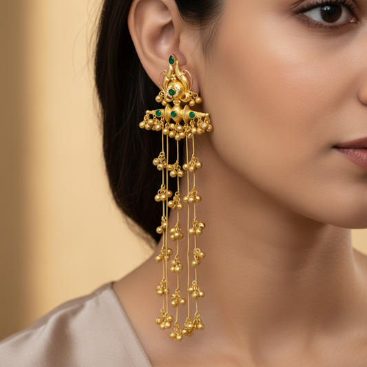 Kashmiri Gold Finish Traditional Long Jhumka Earrings