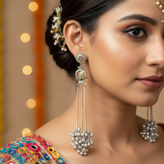 Morni Heritage Oxidised German Silver Long Tassel Earrings