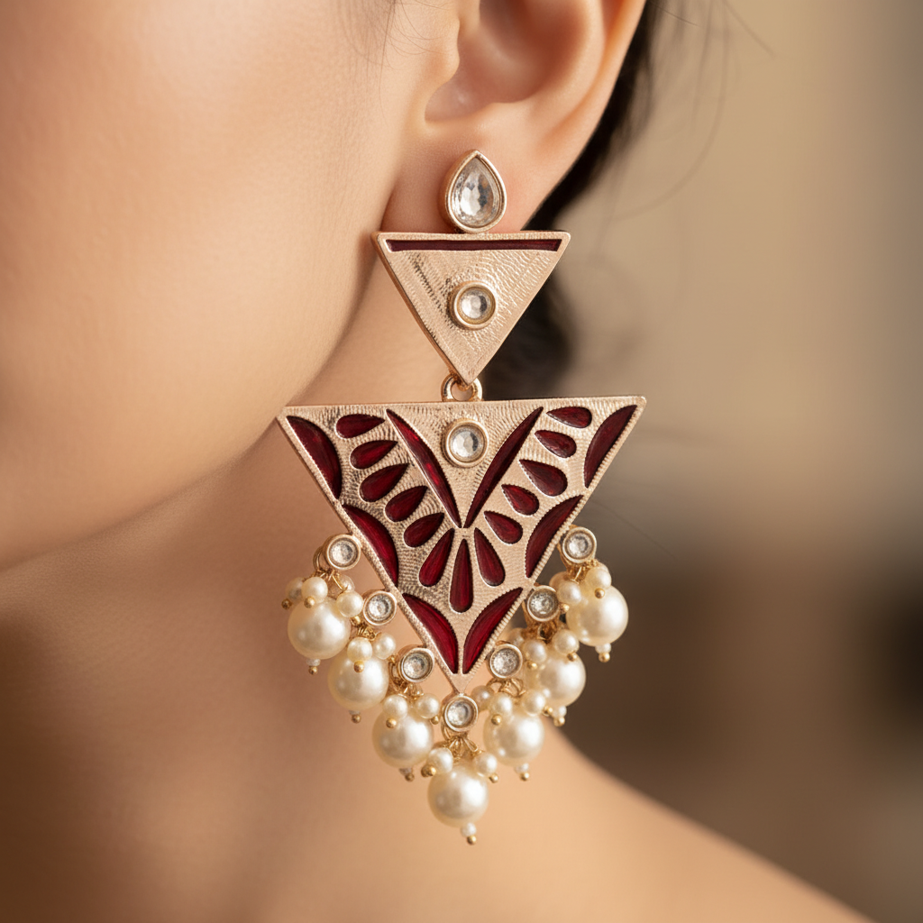 Royal Meenakari Triangle Pearl Drop Traditional Earrings