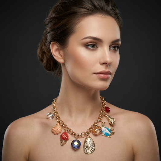 Gold Ocean Charm Statement Necklace for Women
