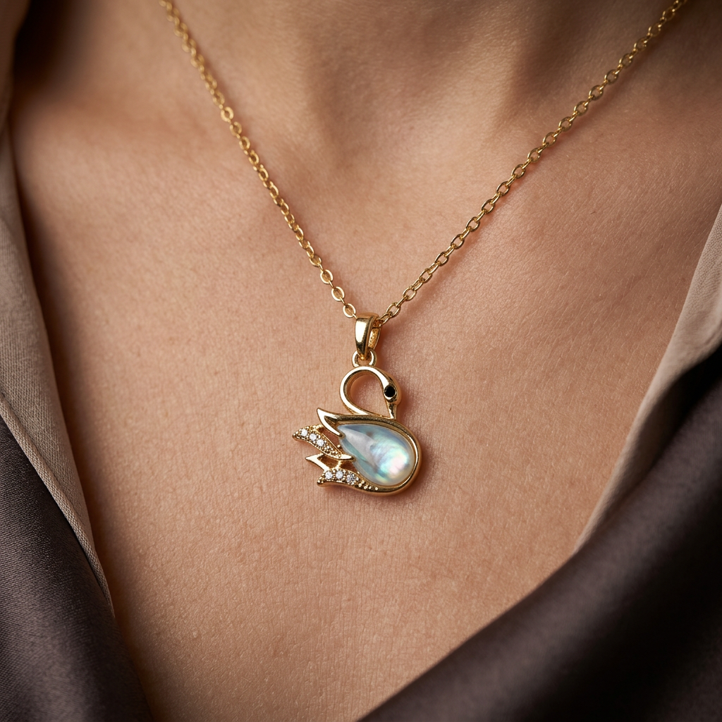 Gold Crystal Swan Charm Necklace