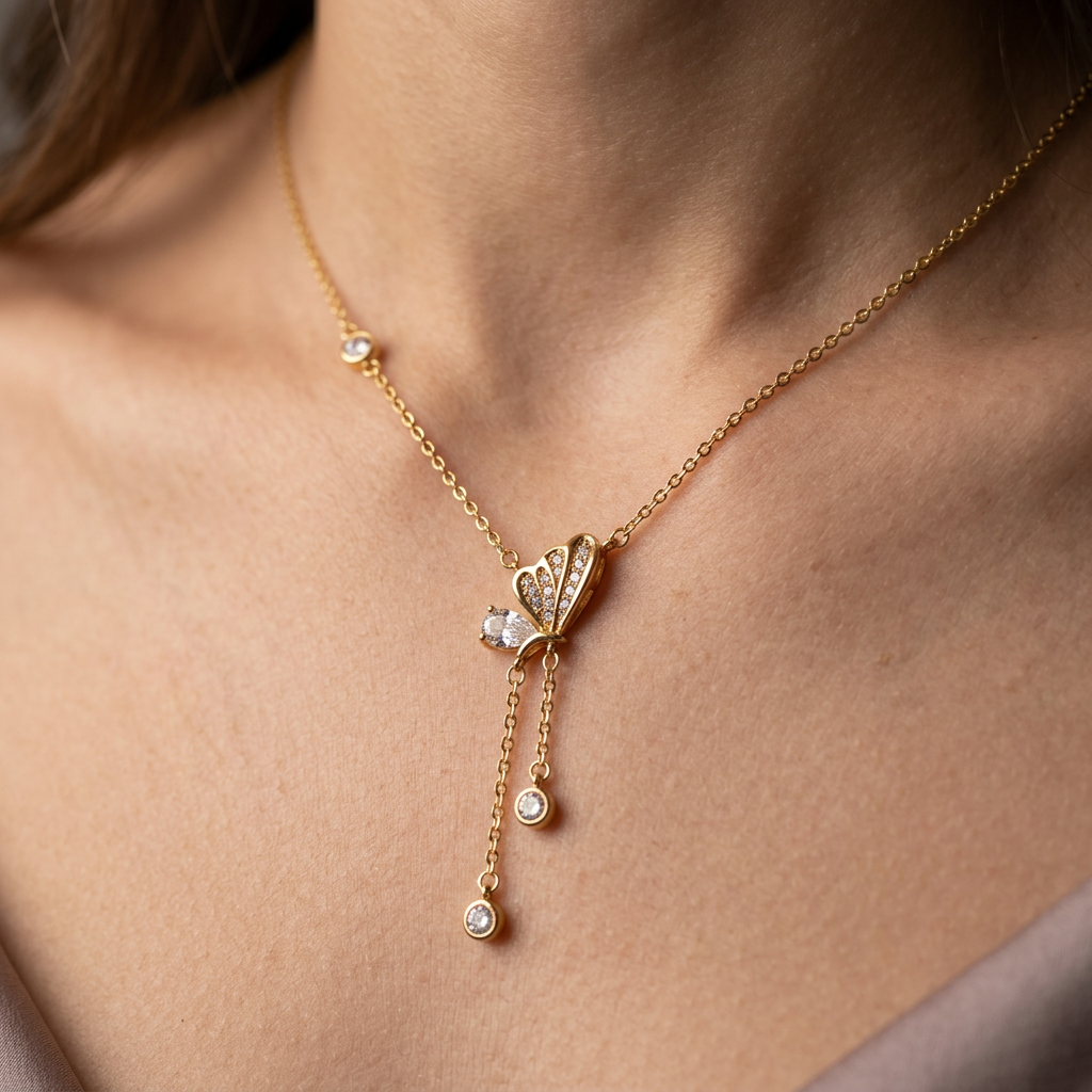 Gold Butterfly Tassel Crystal Necklace