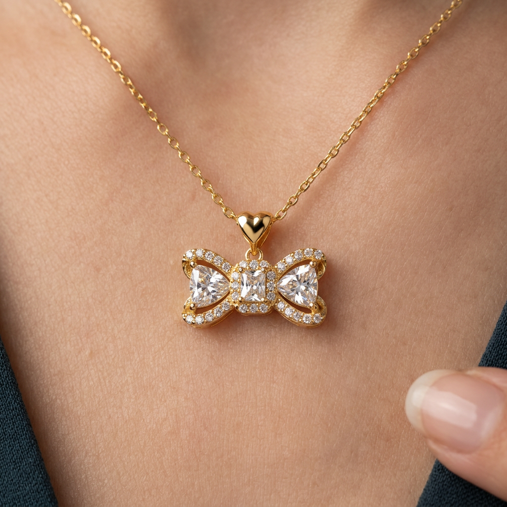 Gold Bow Crystal Pendant Necklace