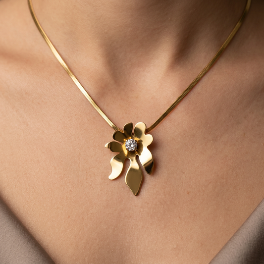 Gold Flower Pendant Necklace Set with Earrings