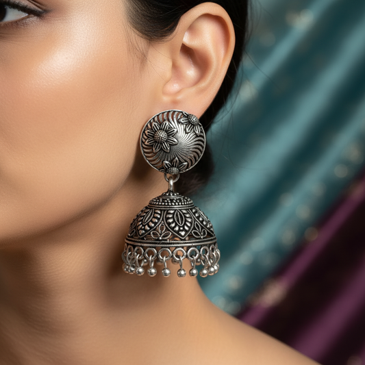 Oxidised Silver Antique Round Stud Dome Drop Ethnic Earrings