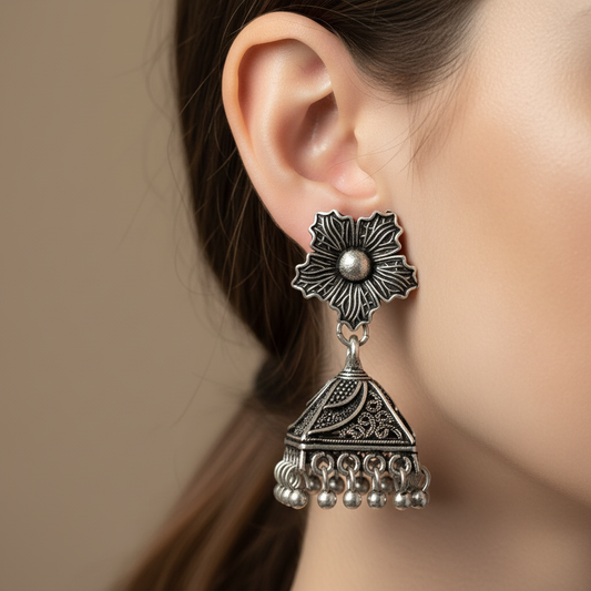Oxidised Silver Floral Jhumka Earrings for Women