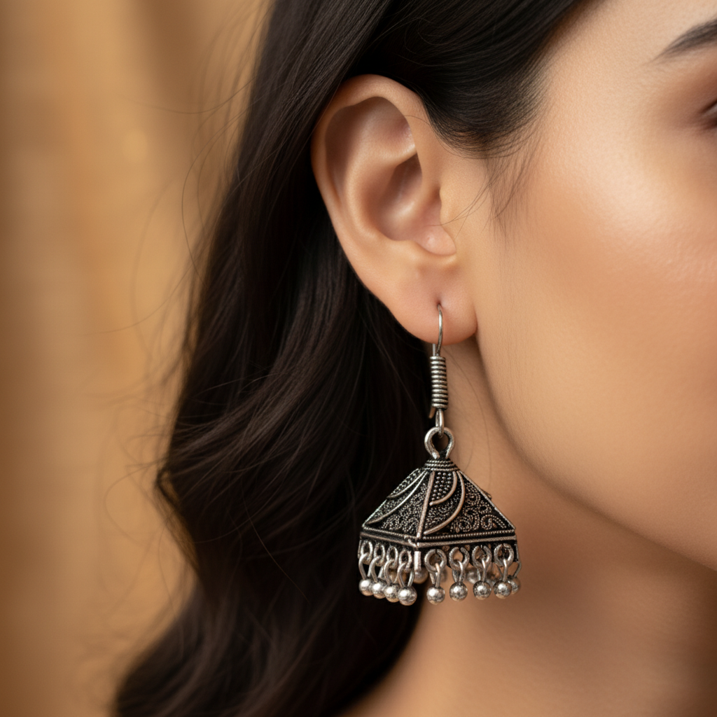 Oxidised Silver Tribal Jhumka Earrings for Women