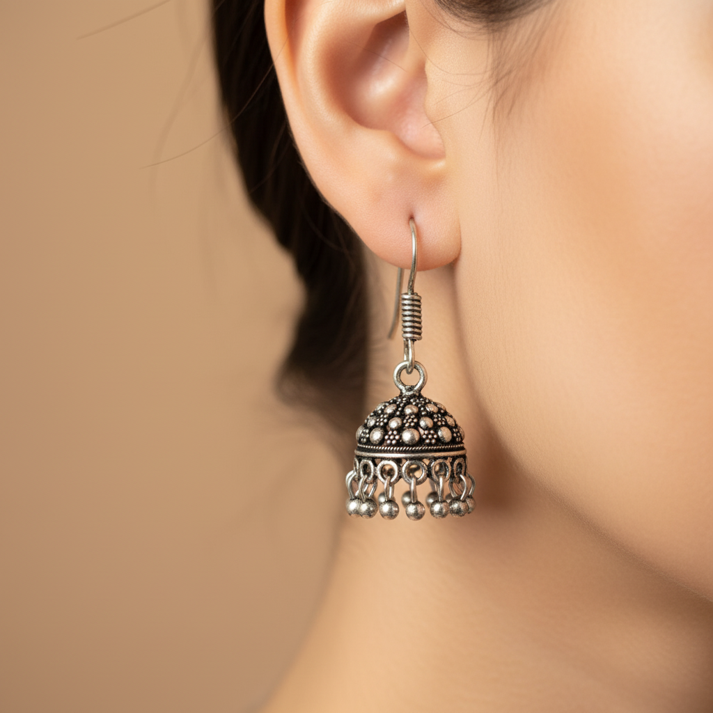Oxidised Silver Mini Jhumka Earrings for Women