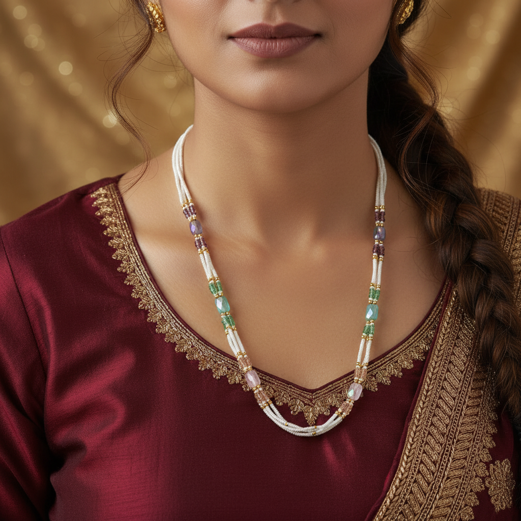 Traditional Multi-Color Stone Beaded Pearl Mala Necklace for Women
