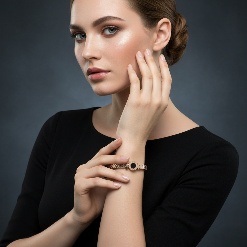 Roman Dial Black Stone Minimal Cuff for women
