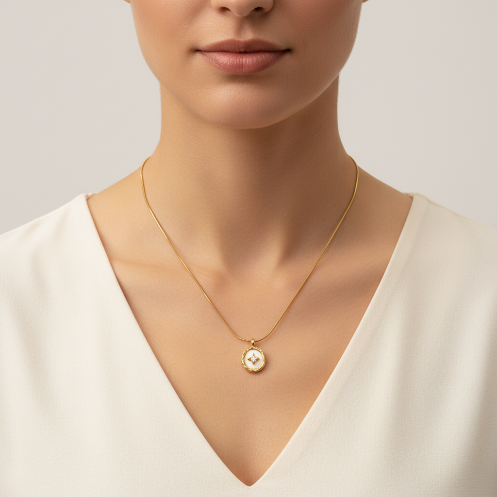Gold Oval Pendant Necklace with Crystal Detail for Women