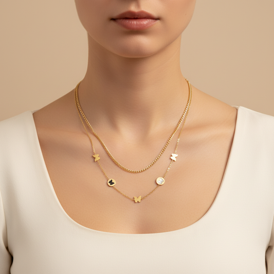 Gold Layered Butterfly Charm Necklace for Women