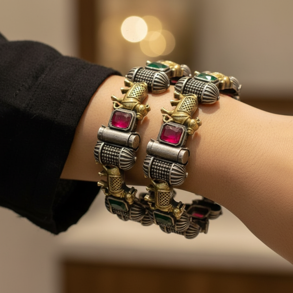 Vintage Oxidised German Silver Cow Bangles for Women