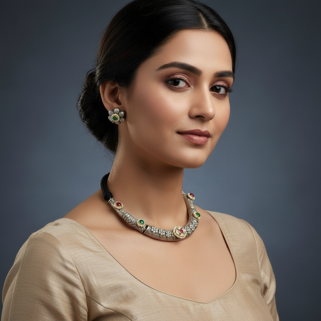 Oxidised German Silver Short Necklace Set for Women