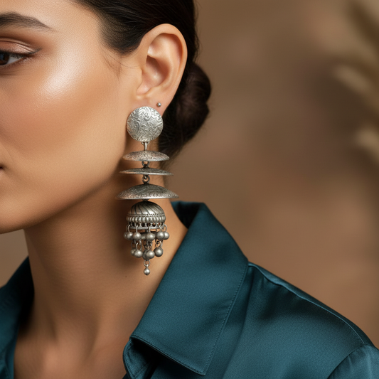 Oxidised German Silver Layered Jhumka Earrings